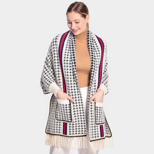 - Houndstooth Patterned Ruana Poncho Cardigan